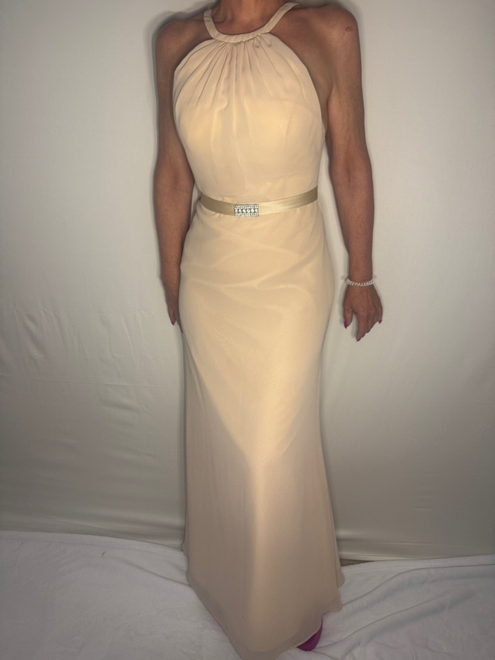 CHRISTINA WU CHAMPAGNE HALTER MAXI GOWN SZ 2 - Picture 3 of 9